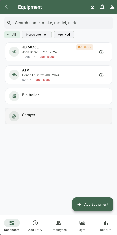 HarvestTrack equipment list showing machines with overdue and due-soon service badges